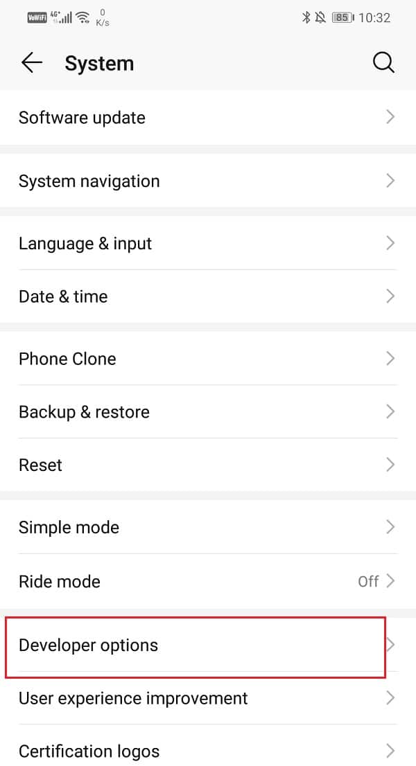 Haga clic en las opciones de desarrollador