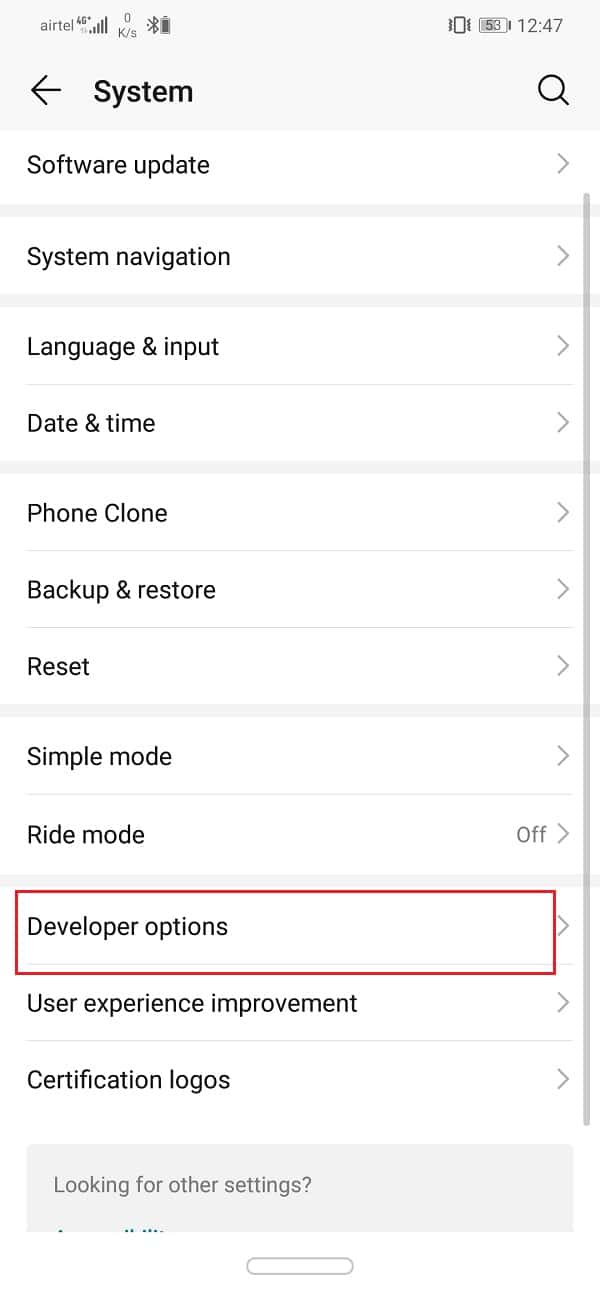 Toque en las opciones de desarrollador