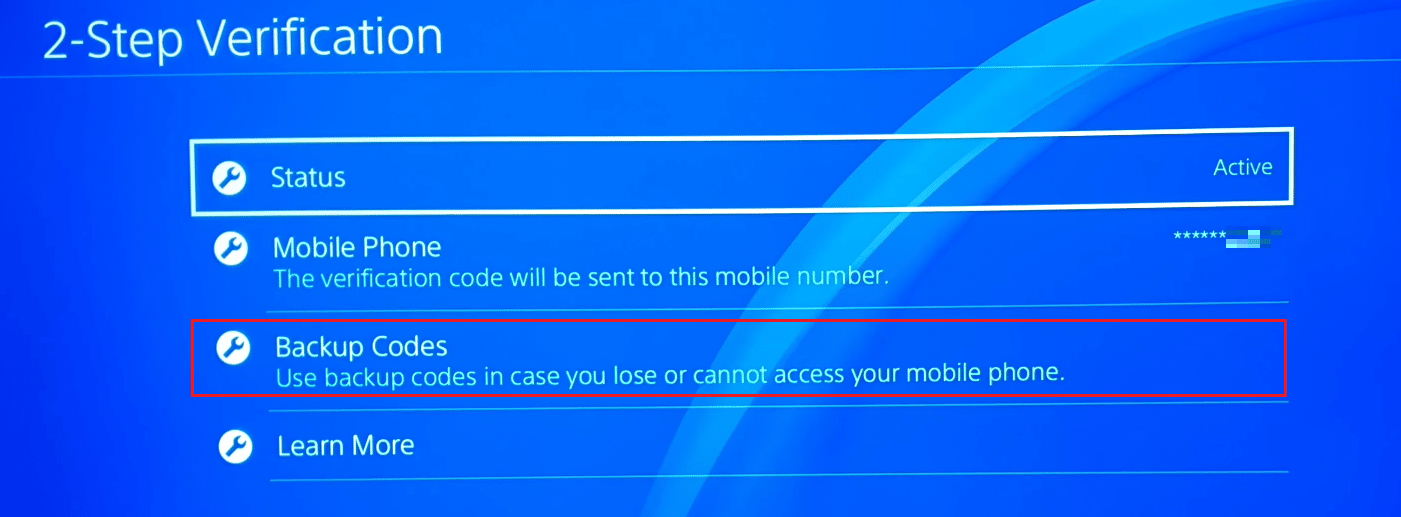 Seleccione Verificación en dos pasos - Códigos de respaldo |  Cómo cambiar el número de teléfono en PS4