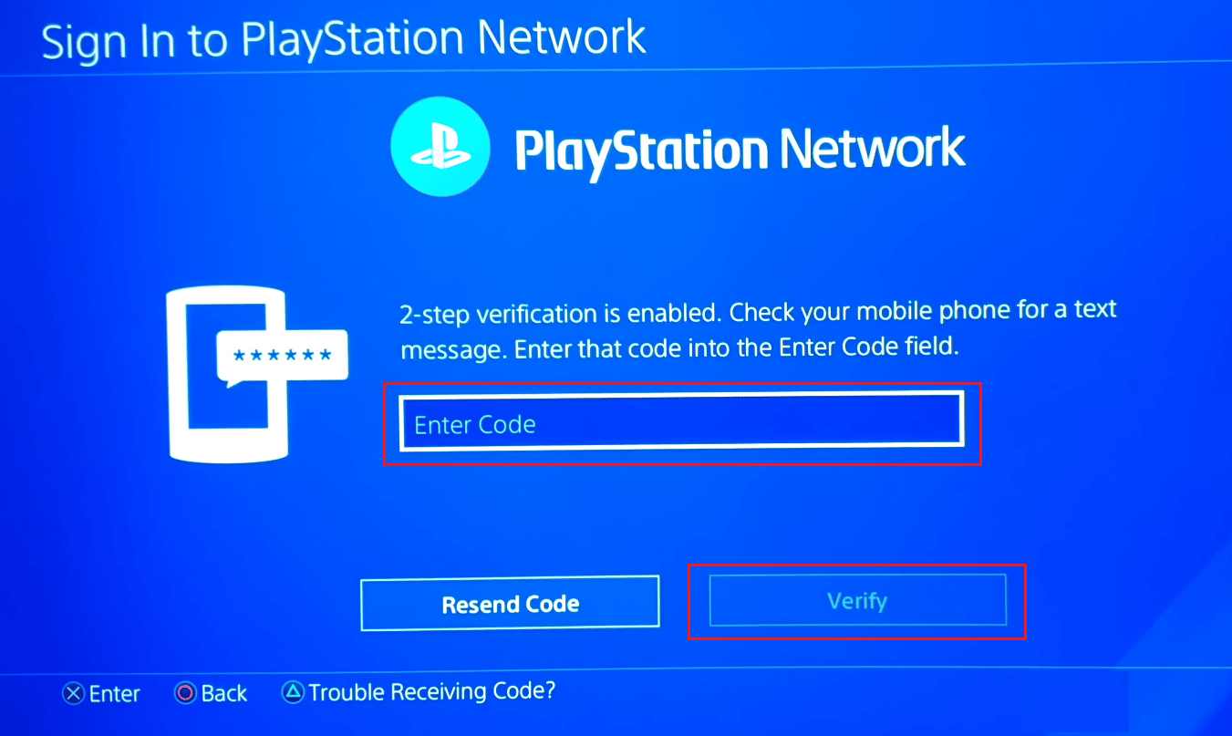 Ingrese el código de verificación recibido en su número de teléfono o en la aplicación de autenticación y seleccione Verificar |  Verificación en dos pasos en PS4