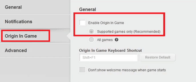 Aquí, haz clic en Origin In-Game en el panel izquierdo y desmarca la casilla Habilitar la opción Origin In Game