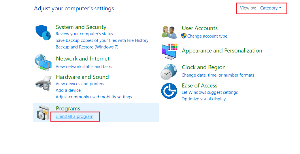en el panel de control, seleccione desinstalar un programa