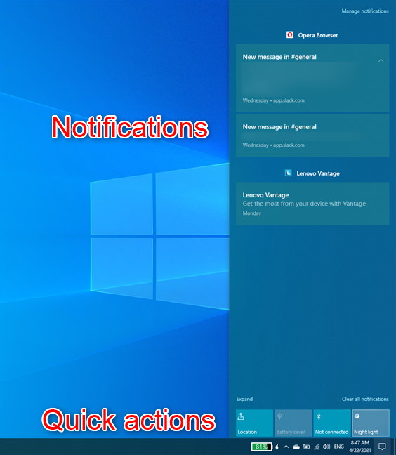 El Centro de actividades de Windows 10 tiene notificaciones y acciones rápidas