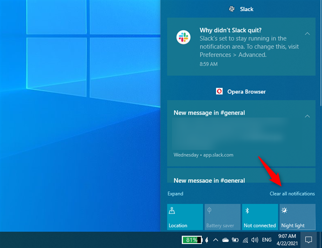 Para descartar las notificaciones de Windows 10, haga clic en Borrar todas las notificaciones