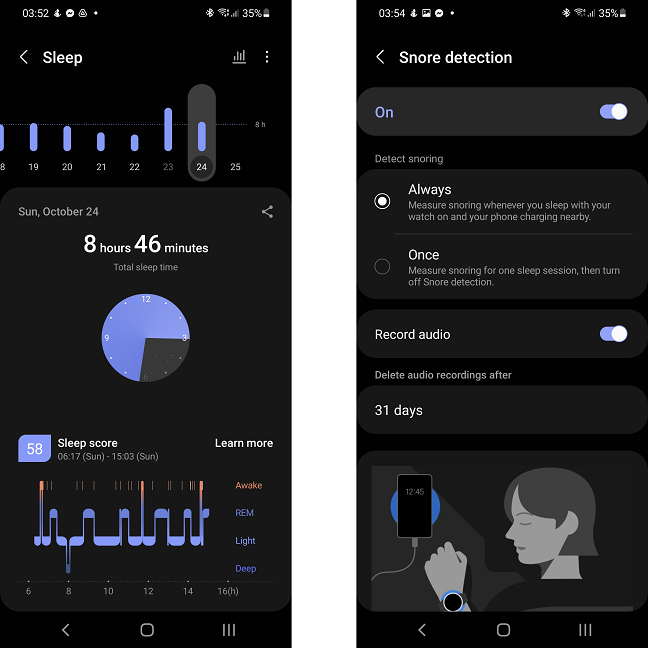 Junto con el Galaxy Watch, el teléfono inteligente monitorea de cerca mi rutina de sueño