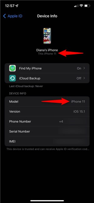 El modelo de iPhone se muestra dos veces en la pantalla Información del dispositivo