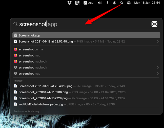 En Spotlight Search, acceda a la aplicación Captura de pantalla