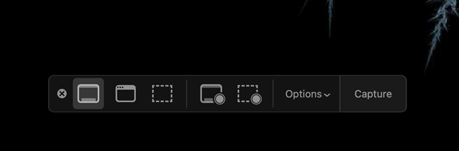La interfaz de superposición utilizada para obtener una captura de pantalla de Mac