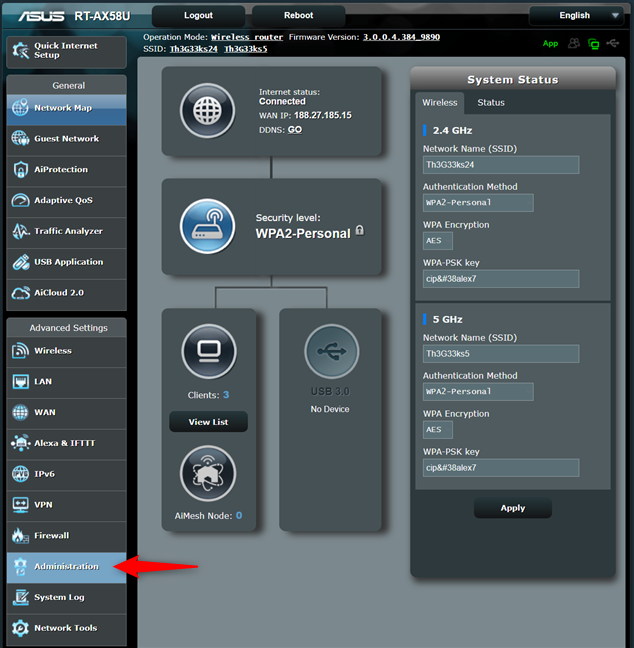 En el firmware de ASUS, vaya a Administración