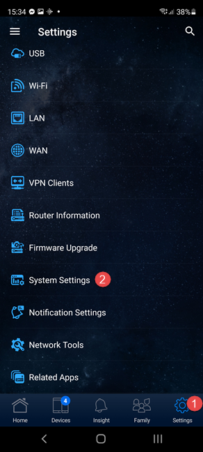 En la aplicación ASUS Router, vaya a Configuración seguido de Configuración del sistema