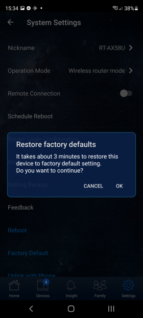 Confirme que desea restablecer su enrutador ASUS