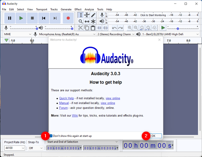 Deshazte de la ventana de bienvenida en Audacity