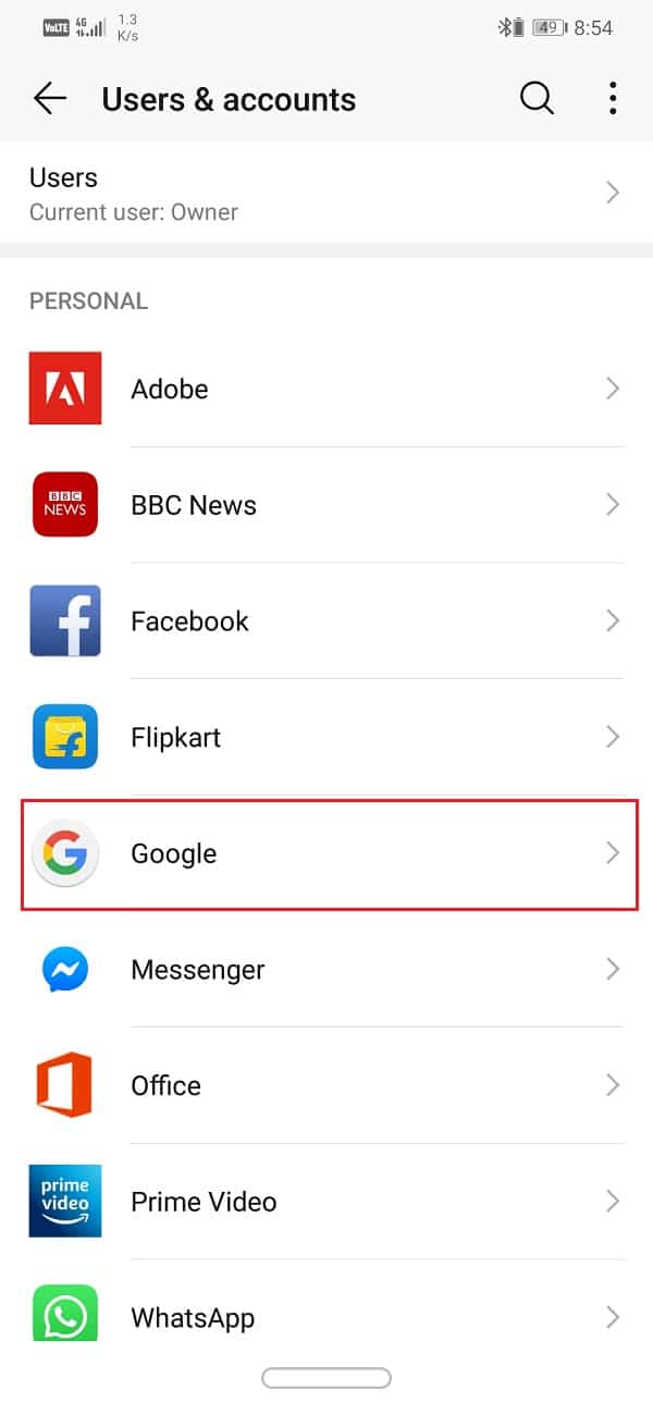 Ahora seleccione la opción de Google