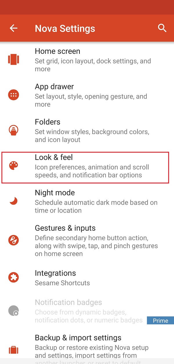 Abra la configuración de Nova y toque la opción Look and Feel