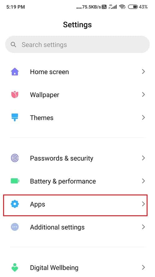 Vaya al ícono de Configuración y busque Aplicaciones