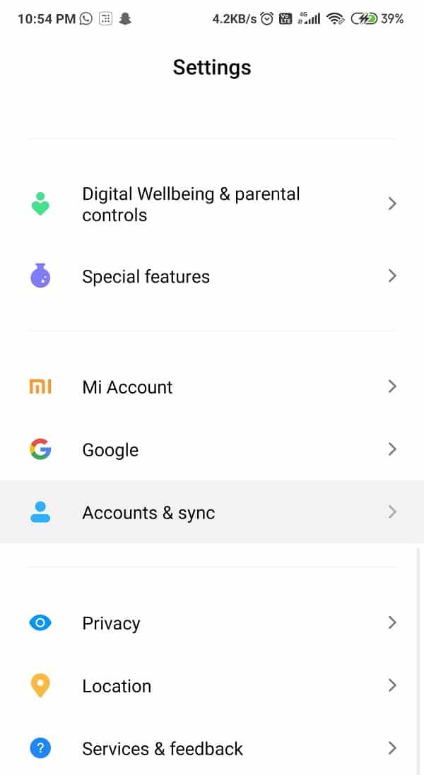 Desplácese hacia abajo hasta que encuentre 'Cuentas y sincronización' | Arreglar el drenaje de la batería de los servicios de Google Play