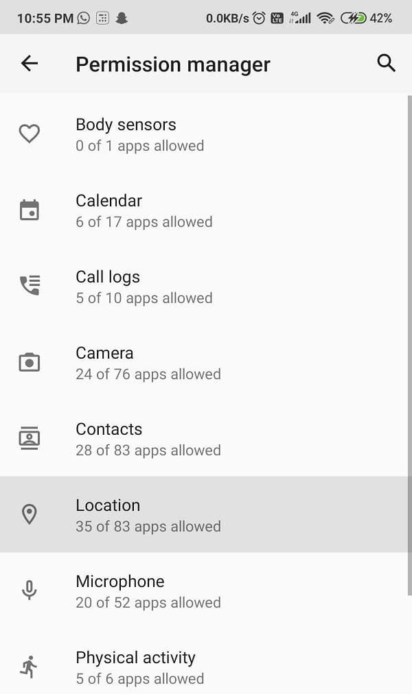 Seleccione la ubicación en Administrador de permisos | Arreglar el drenaje de la batería de los servicios de Google Play