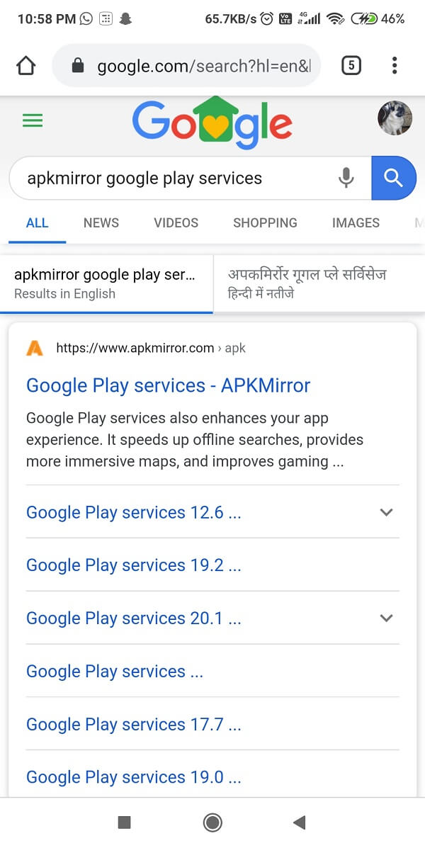 Escriba 'Servicio Google Play' y haga clic en descargar | Arreglar el drenaje de la batería de los servicios de Google Play