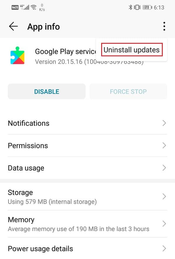 Haga clic en la opción Desinstalar actualizaciones | Cómo actualizar manualmente los servicios de Google Play