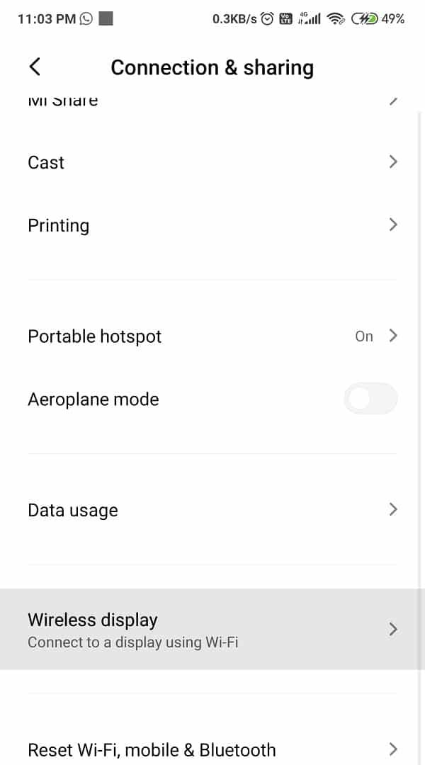 Toque Wi-Fi y seleccione Pantalla inalámbrica | Arreglar el drenaje de la batería de los servicios de Google Play