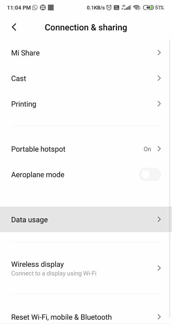 Toque Uso de datos en la pestaña Conexiones