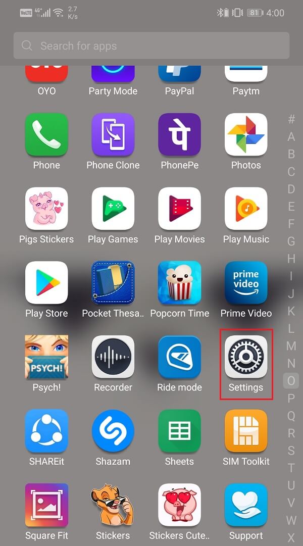 Desplácese hacia abajo en la lista hasta que vea el icono de Configuración