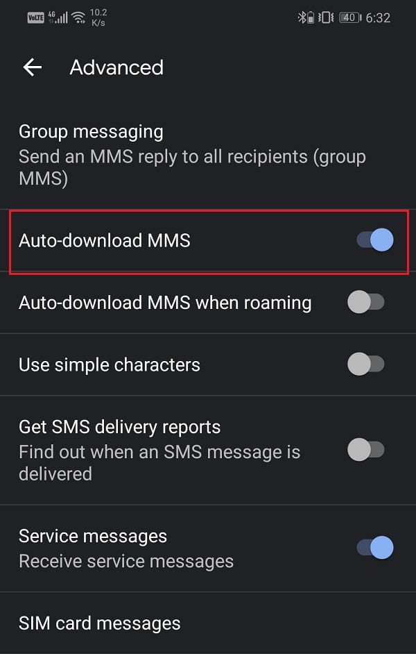 Simplemente active el interruptor junto a la opción de descarga automática de MMS |  Solucionar problemas de descarga de MMS
