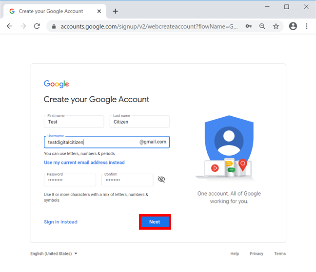 Ingrese los detalles requeridos para su cuenta y presione Siguiente