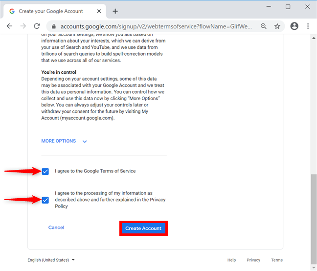 Marque las casillas y cree una cuenta