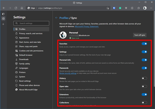 Opciones de sincronización en Microsoft Edge