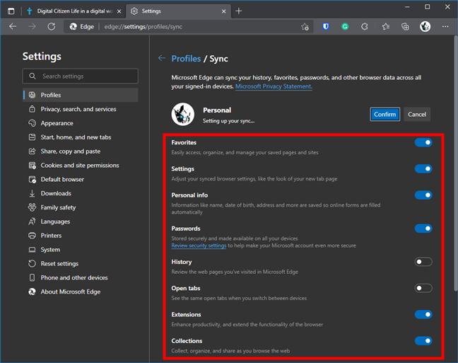 Las opciones de sincronización disponibles en Microsoft Edge