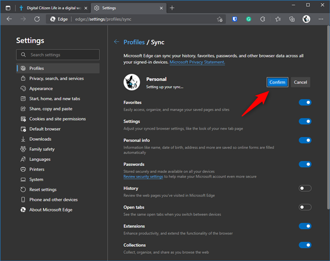 Elegir Confirmar la nueva configuración de sincronización