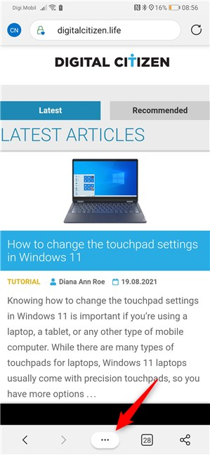 El botón Configuración y más de Edge para Android