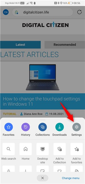 El botón Configuración de Edge