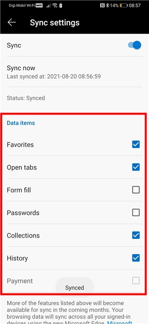 Elegir lo que desea sincronizar con Microsoft Edge