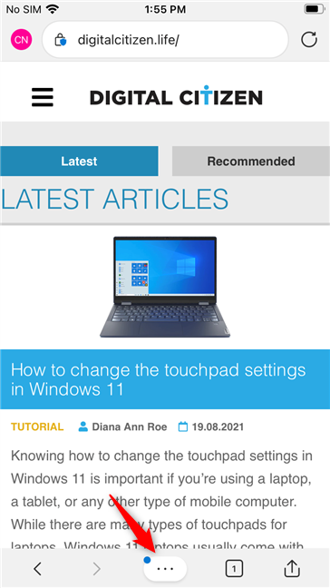 El botón Configuración y más de Edge para iOS (iPhone)