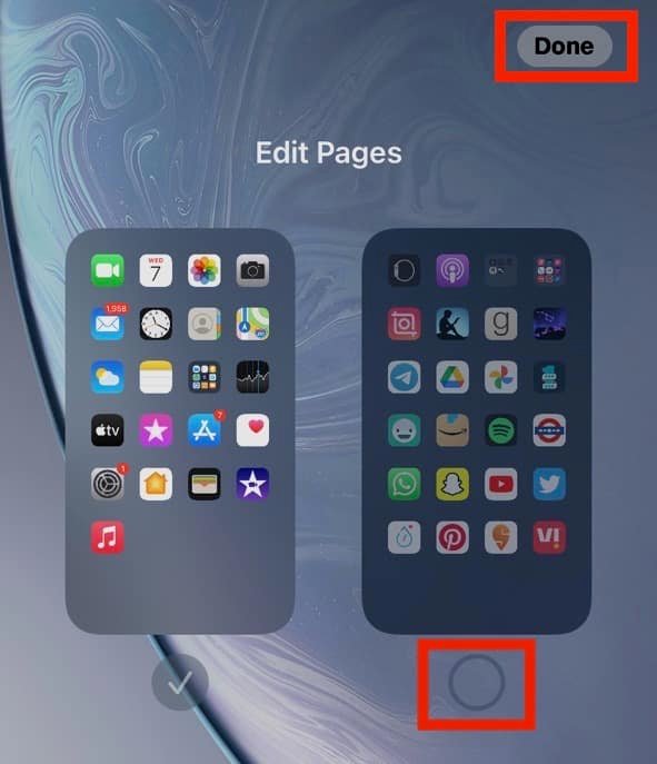 Marque el círculo debajo de la página oculta y toque Listo