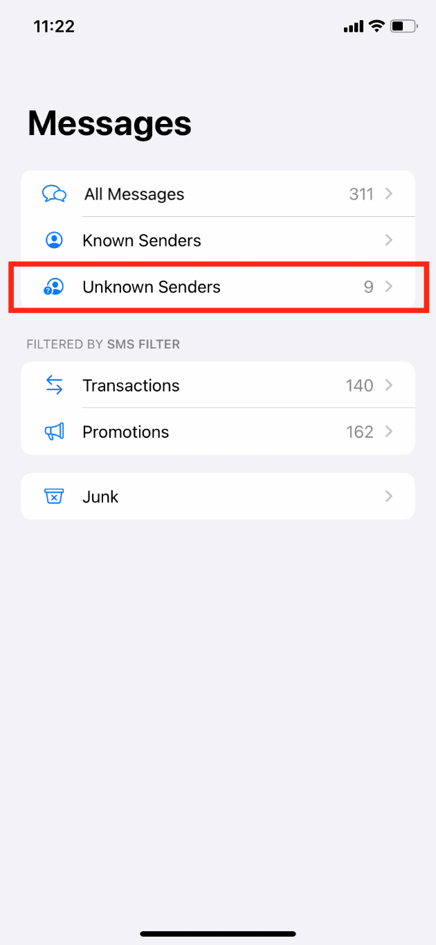 Toque en Remitentes desconocidos