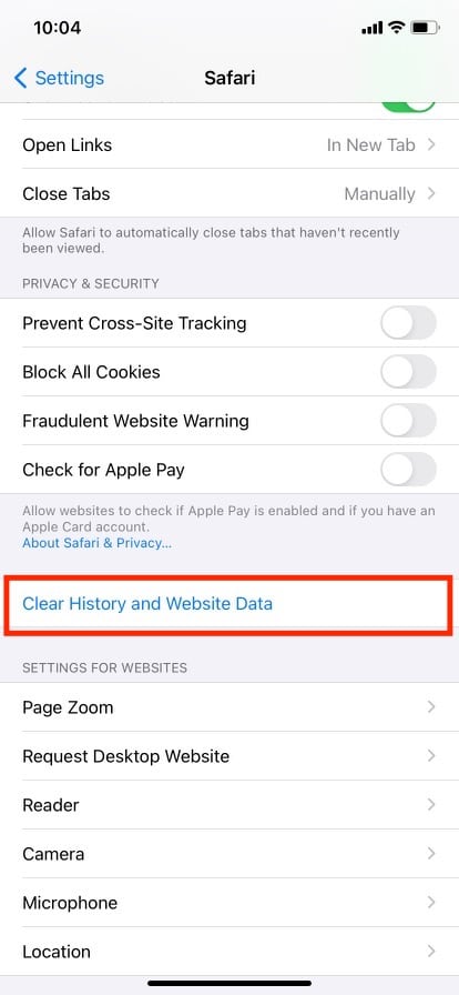 Toque Borrar historial y datos del sitio web. Cómo saber si tu iPhone tiene un virus