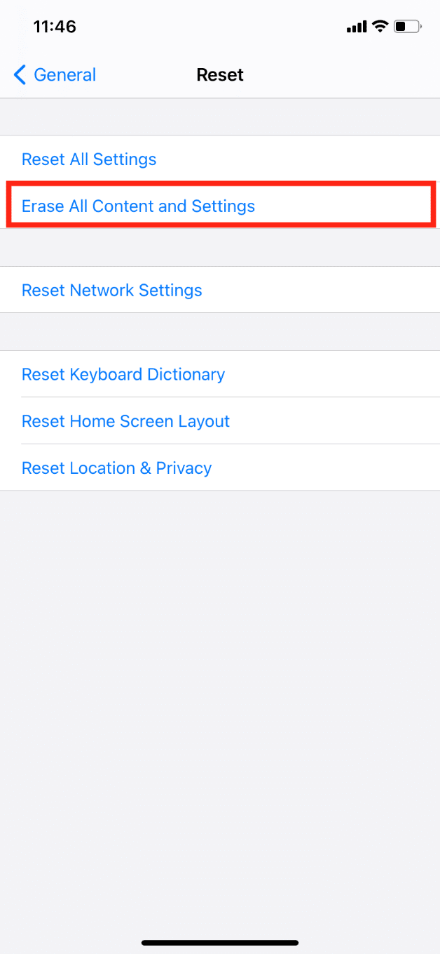 Toque Borrar todo el contenido y la configuración
