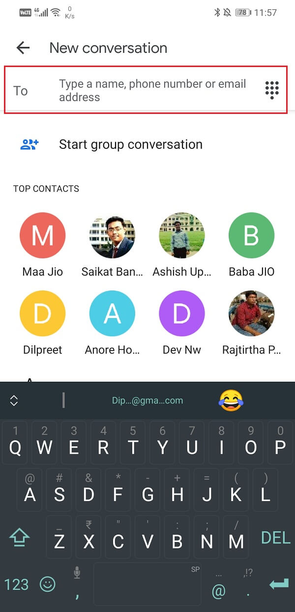 Agregar número o nombre de contacto en la sección marcada para Destinatarios | Enviar imagen por correo electrónico o mensaje de texto en Android