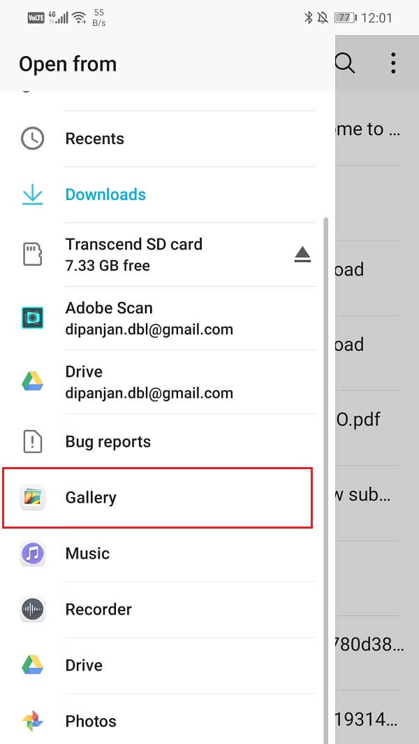 Seleccione la opción Galería | Enviar imagen por correo electrónico o mensaje de texto en Android