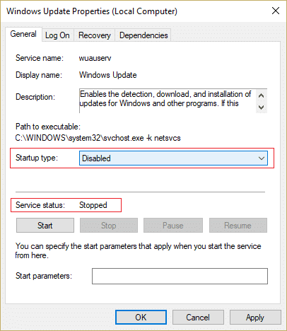 Haga clic en detener y asegúrese de que el tipo de inicio del servicio de actualización de Windows esté desactivado.