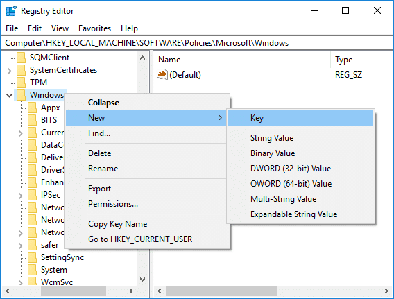 Haga clic derecho en la clave de Windows, luego seleccione Nuevo y luego haga clic en Clave