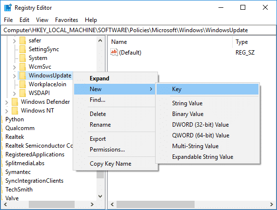 Haga clic con el botón derecho en WindowsUpdate y luego seleccione Nueva clave