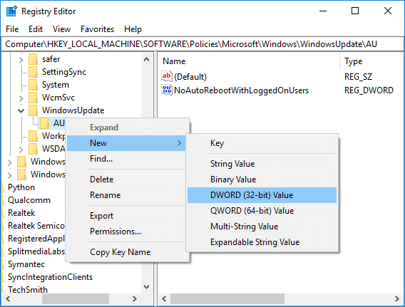 Haga clic con el botón derecho en la clave AU y seleccione Nuevo y luego Valor DWORD (32 bits)