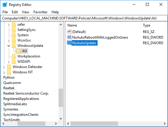 Nombre este DWORD como NoAutoUpdate y presione Entrar |  Detener la actualización de Windows 10 por completo [GUÍA]