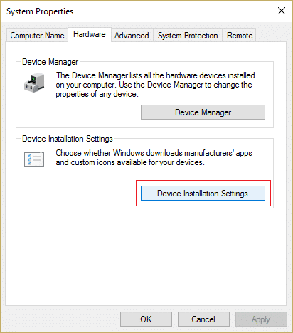 Cambie a la pestaña Hardware y haga clic en Configuración de instalación del dispositivo