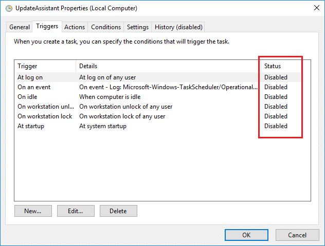 Cambie a la pestaña Activadores y luego deshabilite cada activador para Desactivar el Asistente de actualización de Windows 10