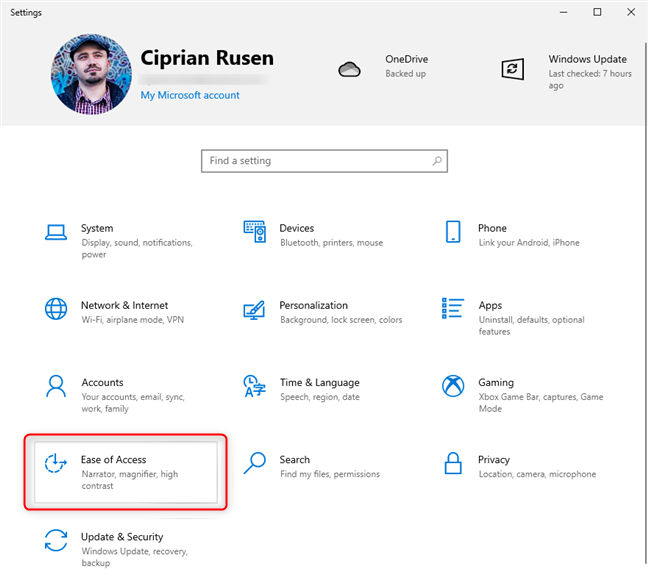 En la configuración de Windows 10, vaya a Facilidad de acceso